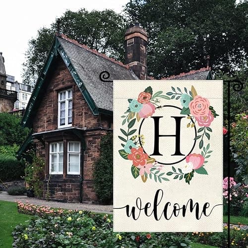 YeeCASE Monogram Letter Garden Flag Floral 12x18 Inch Double Sided for Outside Small Burlap Family Last Name Initial Yard Flag (H) thumbnail 6