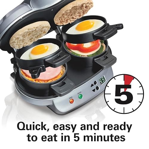 Hamilton Beach Dual Breakfast Sandwich Maker with Timer, Ready in 5 Minutes, Removable Dishwasher Safe PFAS-Free Non-Stick Egg Cooker Ring, Silver (25490MNA) thumbnail 4