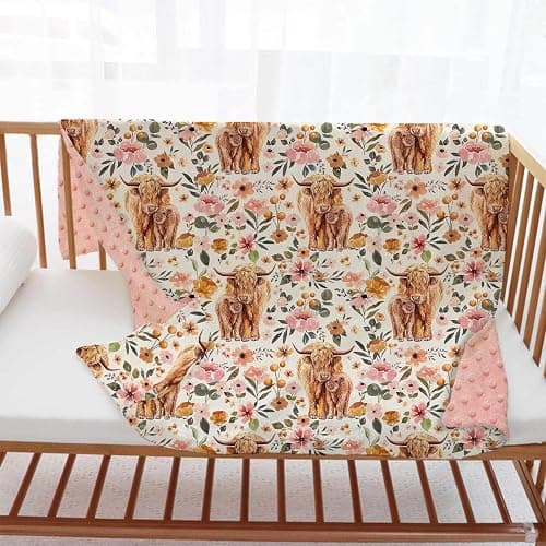 Highland Cow Baby Blanket for Girls, Boho Floral Farmhouse Highland Cow Toddler Soft Minky Blanket with Double Layer Dotted Backing, Nursery Newborn Baby Crib Receiving Blanket Western Cow, 30"x40" thumbnail 7