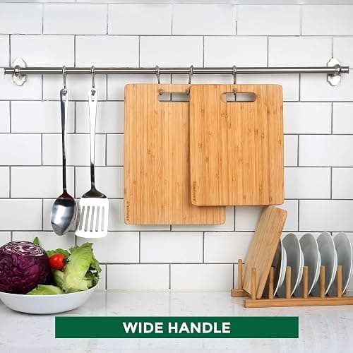 Bamboo Cutting Boards for Kitchen [Set of 3] Wood Cutting Board for Chopping Meat, Vegetables, Fruits, Cheese, Knife Friendly Serving Tray with Handles thumbnail 8