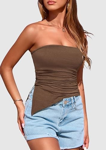 PRETTYGARDEN Womens Summer Tube Tops 2026 Trendy Strapless Ruched Going Out Tops Outfits Asymmetrical Bandeau Shirts thumbnail 4