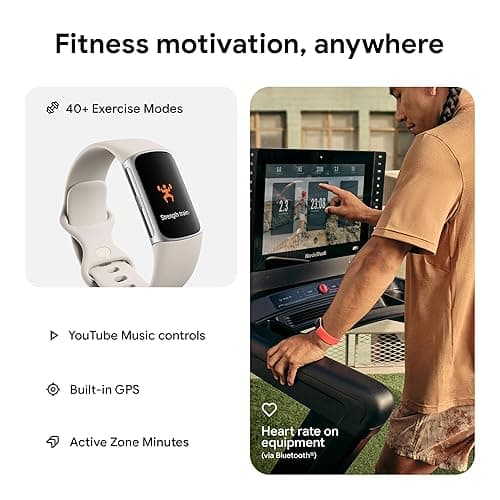 Fitbit Charge 6 Fitness Tracker with Google apps, Heart Rate on Exercise Equipment, 6-Months Premium Membership Included, GPS, Health Tools and More, Porcelain/Silver, One Size (S & L Bands Included) thumbnail 5