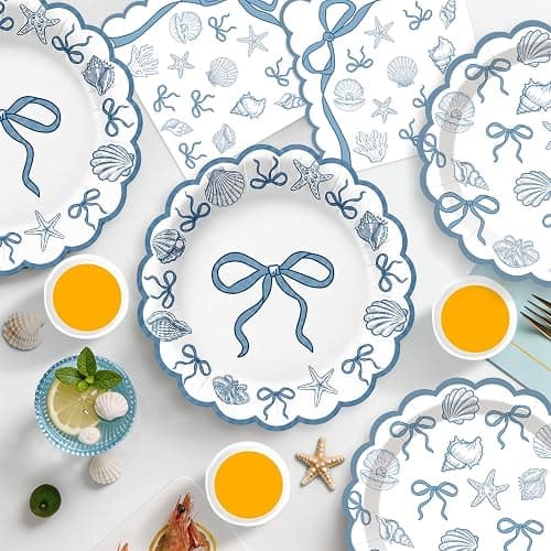 Seashell Party Decorations Ocean Sea shell Party Plates Supplies Blue Bow Seashell Paper Plates Napkins Tablecloth for The Summer I Turned Pretty Party Decorations, Serves 24 thumbnail 4