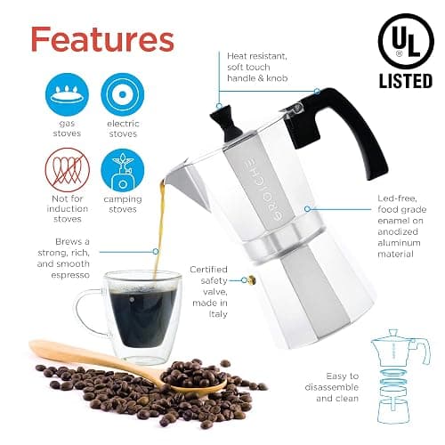GROSCHE Milano Stovetop Espresso Maker Moka Pot 6 espresso Cup - 9.3 oz, Silver - Cuban Coffee Maker Stove top coffee maker Moka Italian espresso greca coffee maker brewer percolator - 6 espresso cups - Silver thumbnail 4