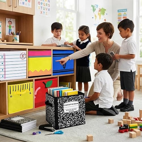 Lettry 6 Pcs 11in Notebook Pencil & Crayon Pattern Fabric Storage Bins, Colorful Collapsible Cubby Baskets with Handles for Classroom Organization, Home, Nursery, and Elementary School Supplies thumbnail 7