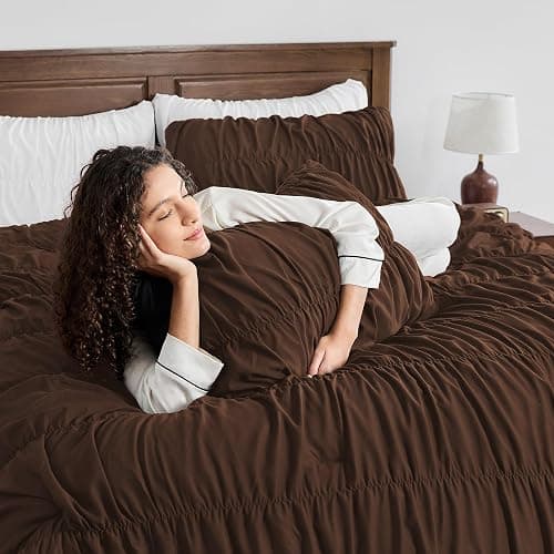 Andency Ruched Brown Full Size Comforter Sets, Shabby Chic Pleatd Bedding Sets 3 Pieces, Lightweight Soft Boho Ruffle Bed Set for Girls, Kids, Women, All Season thumbnail 5
