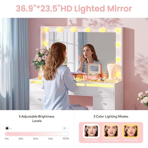 IFSEB Makeup Vanity Desk with LED Lights and Large 36.9’’ Mirror 11 Drawers | Vanity with RGB Glass Top & 3 Color Hollywood Bulbs, Make Up Vanity with Charging Station & Crystal Knobs, White thumbnail 4