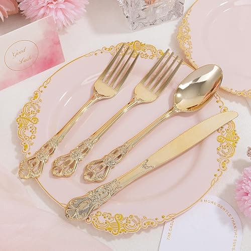 Ciaell 300PCS Pink and Gold Plastic Plates - Pink Disposable Dinnerware Sets for 50 Guests - 100 Plates, 50 Knives, 50 Forks, 50 Spoons, and 50 Napkins for Wedding, Anniversary & Party thumbnail 6