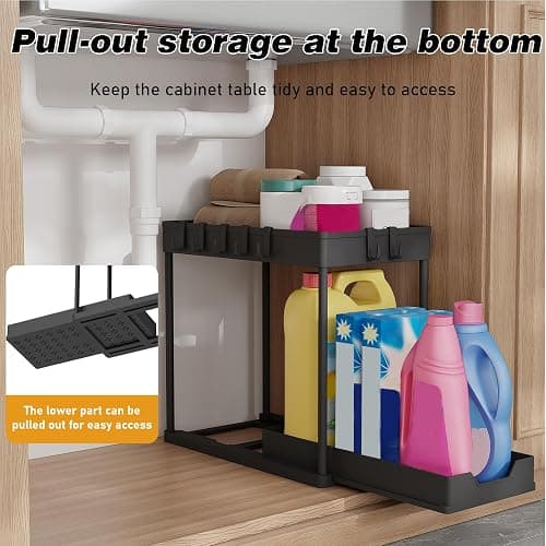 Meltrck Küchen Organizer - 2 Stück Unter Waschbecken Regal Organizer - Ausziehbares Lagerregal Organizer mit 16 Haken,Schwar thumbnail 8