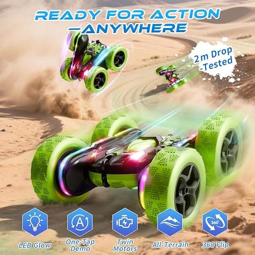 Zalneo Remote Control Car – 4WD 360° Flip Double‑Sided RC Stunt Car LED Light Bar & USB‑C Modular Battery, Off‑Road Toys for Boys Ages 6‑12, Birthday Gift, Black‑Green thumbnail 5