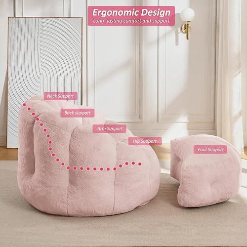 Bean Bag Chair with Ottoman, Pink Flower Bean Bag Chairs for Adults and Teens, Comfy Plush Faux Fur Reading Chair for Living Room, Bedroom, Apartment, Dorm thumbnail 7