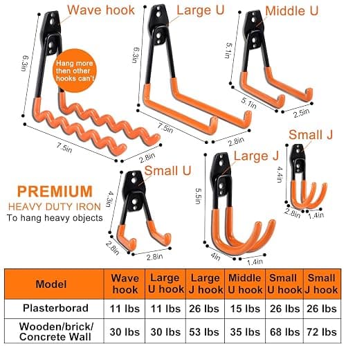 AOBEN 24PCS Garage Hooks, Heavy Duty Double Garage Hanger Organizer Wall Mount Iron Anti-Slip Garage Storage Hooks for Ladder, Power Tool,Bike,Ropes（23 Hooks & 1 hoder Strap-Orange thumbnail 2