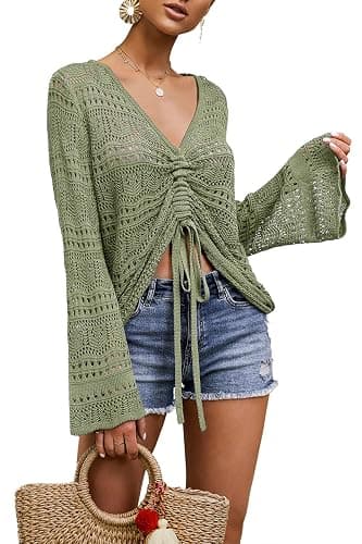 Saodimallsu Womens Boho Off Shoulder Sheer Crop Tops Bell Sleeve Flowy Oversized Crochet Ruched Pullover Sweaters - Image 1
