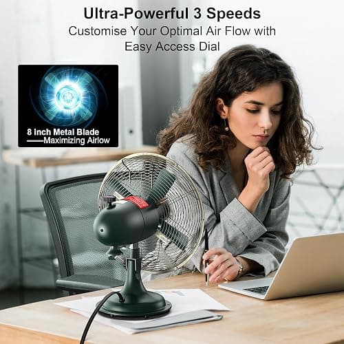 AMACOOL Oscillating Vintage Fan, All Metal 8" Retro Table Top Fan, Adjustable Head Tilt, Quiet 3 Speeds Plug-In Desk Fan for Bedroom Home Office & Kitchen thumbnail 4