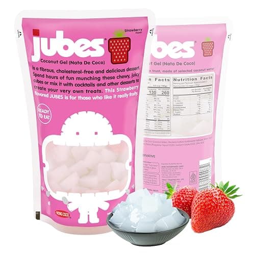 Jubes Strawberry Nata De Coco Jelly Cubes, 12.7 oz - Strawberry Coconut Jelly Cubes for Sago - Coconut Gel in Syrup Toppings for Fruit Tea, Boba, Bubble Tea, Drinks, Desserts Yogurt, Ice Cream, Beverage - Image 1