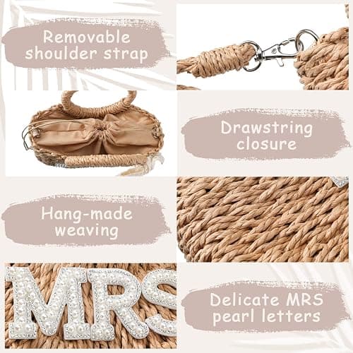 Pinkunn Bride Gift Bride Straw Purse Mrs Handwoven Bag Rhinestone Letter Bag Bachelorette Honeymoon Wedding Bridal Shower thumbnail 4