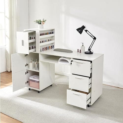 DUDUSHIMAN Manicure Table Nail Desk for Nail tech, 56 Inch Beauty Nail Table w/3 Cabinet+3 Drawers+3 Layers Open Cabinet+1 Open Drawer + 1 Power Outlet for Professional Salon Manicure Workstation - Image 1