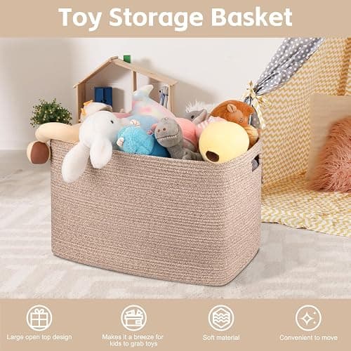OIAHOMY 118L XXXLarge Cotton Rope Storage Basket, Oversized Blanket Basket, Used for Organizing Dirty Clothes in Living Room, Bedroom, Nursery, Dog Toy Storage Bins, 25" x 17" x 16",Brown variegated thumbnail 4