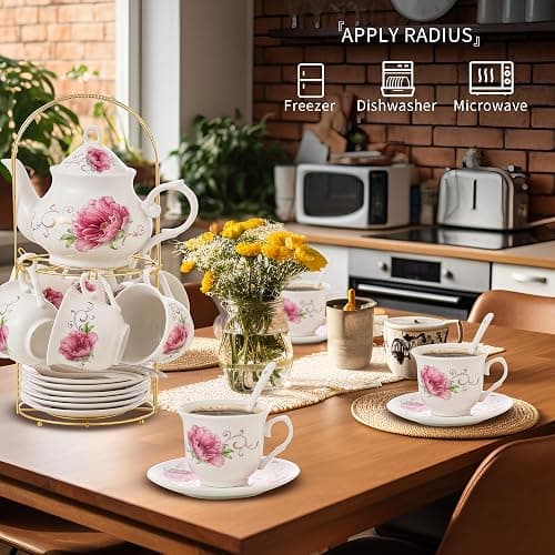 20-Pieces Tea Set For Adult with Golden Metal Rack,Porcelain Tea Sets For Women,Tea Gift Sets for Home&Party(015) thumbnail 5