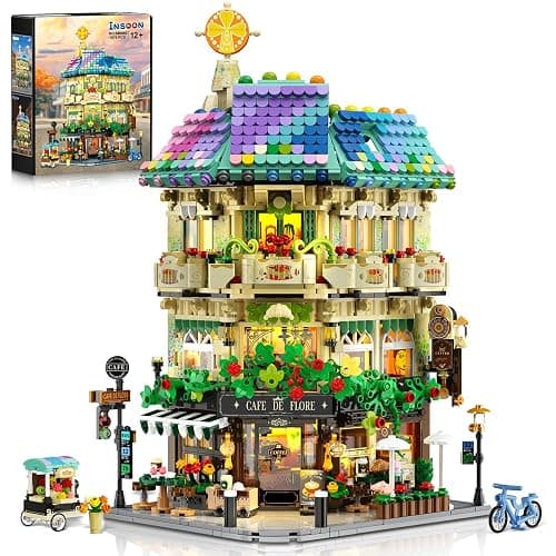 INSOON Flower Cafe House Building Set with Lights, 1876 PCS City Street Corner Shop Construction Model, Art Architecture Modular Building Block Kit Home Decor, Gift for Adults Teens Boys Girls 12+ - Image 1