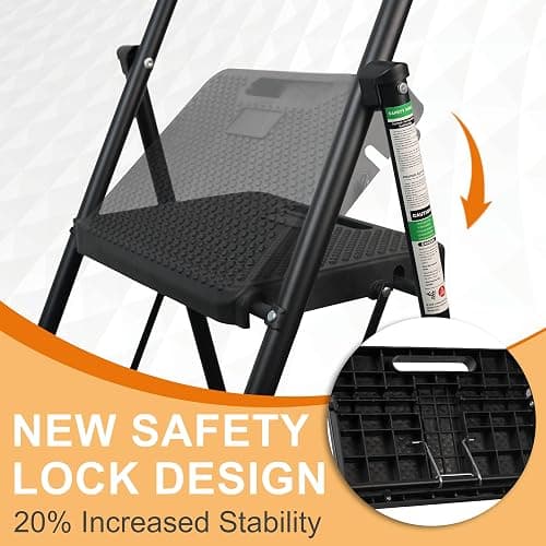 3 Step Ladder, Portable Steel Folding Stool with Wide Anti-Slip Pedal, 500lbs Sturdy Steel Ladder, Black thumbnail 5
