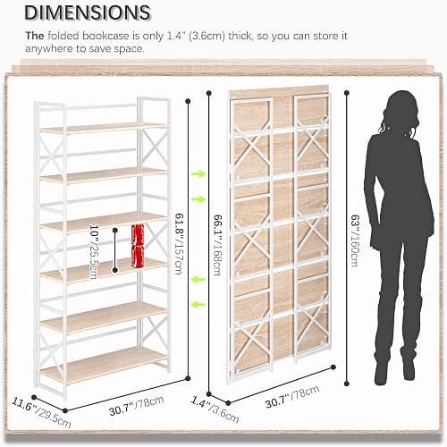 4NM Extra Wide 6 Tiers No Assembly Book Shelves, 61.8" H Folding Bookshelf Bookcase Open Industrial Foldable Shelves for Bedroom, Living Room, Home Office - Natural White thumbnail 2