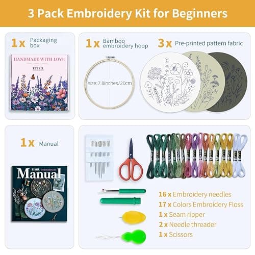 ETSPIL 3 Pack Beginner Embroidery Kits for Adults, DIY Starter Set with Stamped Flower Designs, Embroidery Hoop, Colorful Threads, Tools, Step-by-Step Instructions & Video Tutorial thumbnail 2