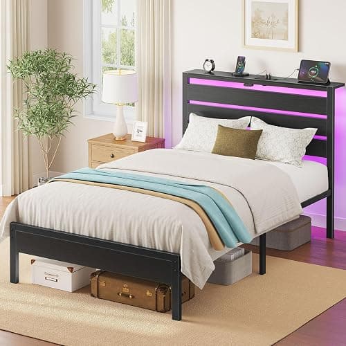 Rolanstar Bed Frame Twin Size with USB Charging Station, LED Bed Frame with Wood Storage Headboard, Black Metal Platform Bed with Under Bed Storage, No Box Spring Needed, Noise Free thumbnail 5