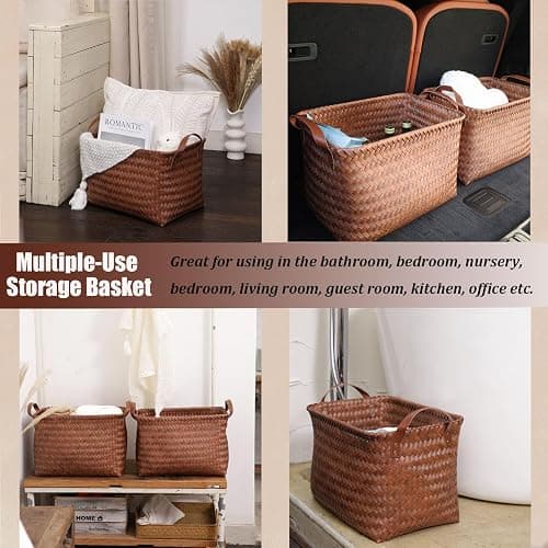 BROWNLILY Handwoven Clothes Basket Laundry Hampers Large Wicker Storage Baskets for Shelves Blankets Closet Storage Bins Car Bedroom Bathroom Organizers and Storage Bath (Pack of 4, Brown) thumbnail 7