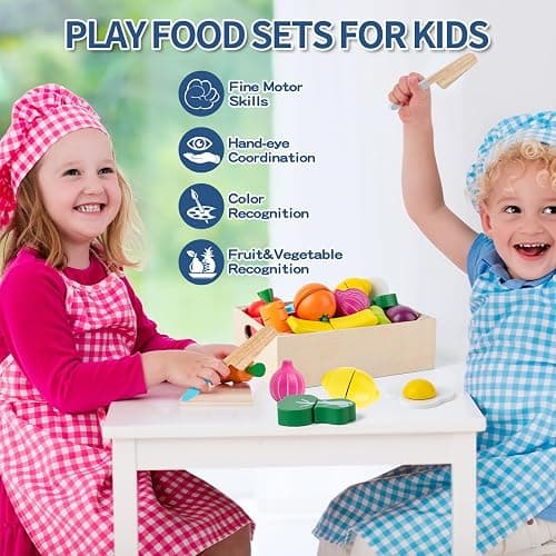32 Pcs Wooden Play Food Sets for Kids Kitchen Accessories, Montessori Educational Toys Food, Pretend Play Food for Toddlers, Velcro Fruits and Vegetables Cutting Set for Kids Boys Girls thumbnail 4