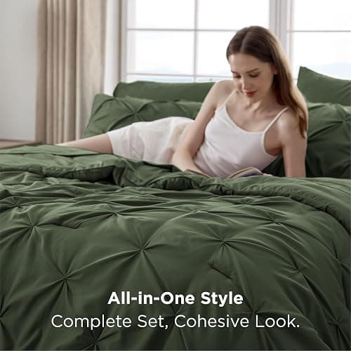 Bedsure Oversized Queen Comforter Set Olive Green - Bed in a Bag Bedding Set 7 PCS, GentleSoft™ Pintuck Bed Set Gift for Family, Pinch Pleat All Season Comforter with Sheets, Pillowcases & Shams thumbnail 7