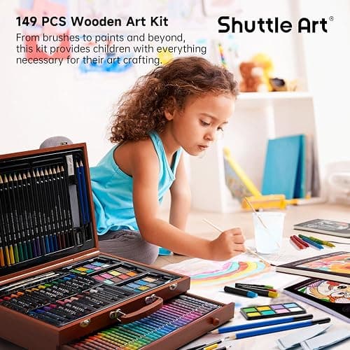 Shuttle Art 149 Piece Deluxe Art Set, Art Supplies in Wooden Case, Painting Drawing Art Kit with Acrylic Paint Pencils Oil Pastels Watercolour Cakes Colouring Book Sketch Pad for Kids and Adults thumbnail 5