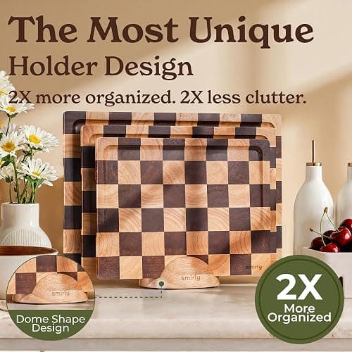SMIRLY Wood Cutting Boards for Kitchen Wooden Chopping Board Set Reversible with Deep Juice Grooves Grip Handles, Large Charcuterie Tray for Home Kitchen, Rubber Wood, 3Pcs with Holder thumbnail 4