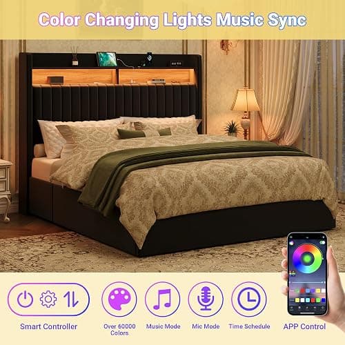 SHA CERLIN Queen Upholstered Platform Bed Frame with 3 Spacious Storage Drawers, Built-in LED Lights & Charging Station, Vertical Tufted Headboard with Shelf, No Box Spring Needed, Velvet Black thumbnail 5