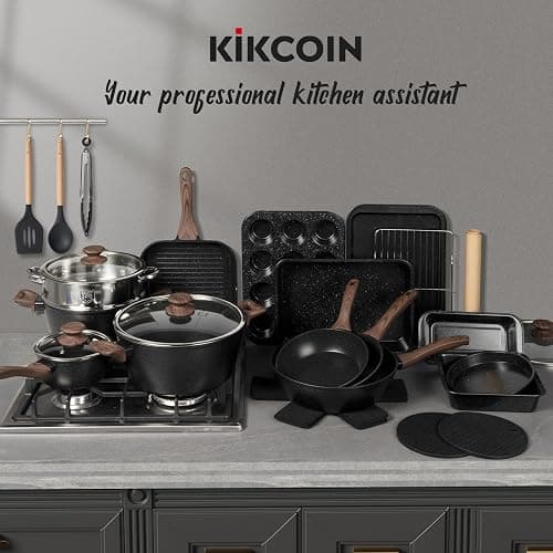 Kikcoin Pots and Pans Set Non Stick 31 Piece Kitchen Nonstick Cooking Cookware Sets with Grill Pan Saucepan Baking Sheet Utensil - Black - 31 Pieces thumbnail 2