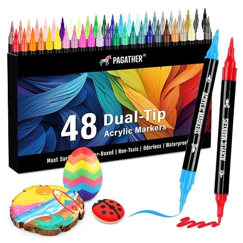 Pagather 48 Colors Acrylic Paint Markers, Dual Tip with Fine Tip and Brush Tip Pens for Stone, Wood, Calligraphy, Canvas, Ceramic, Metal, Glass, Rock Painting, DIY Crafts thumbnail 8