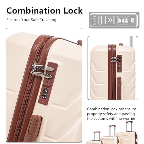 Merax 3 Piece ABS Hardside Luggage Sets Spinner Wheels Suitcase with Lock, Beige, 20/24/28 Inch thumbnail 6