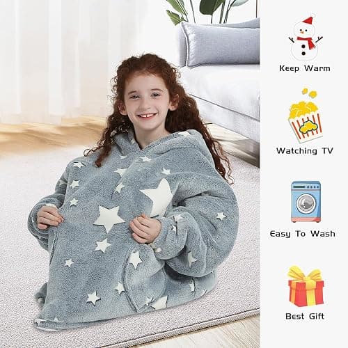 Mewkou Wearable Blanket Hoodie for Kids Oversized Sherpa Blanket Hoodie for Kids Boys Girls Teens 6-13YR,Glow in The Dark Star - Kids 6-13YR - Dark Gray thumbnail 4
