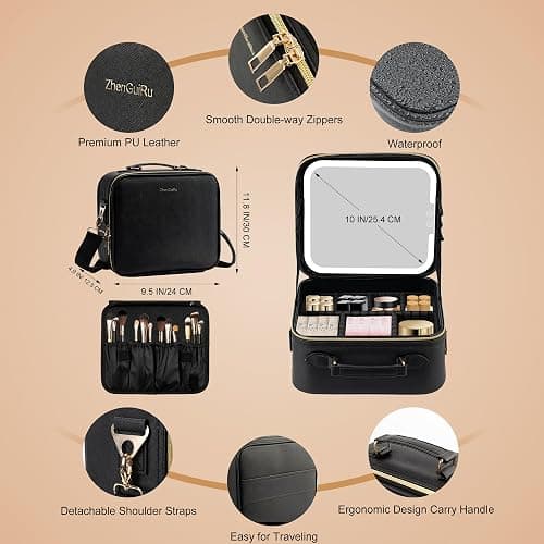 SJD Travel Makeup Bag with LED Mirror, Portable Cosmetic Case Organizer with Lighted Mirror, Waterproof Makeup Case for Cosmetic Brush Holder Storage, Black Toiletry Bag for Women Gift thumbnail 3