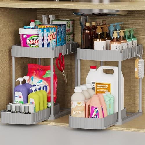 Ukeetap 2 Pack Multi-Purpose Pull-Out Storage Organizers, Under Sink Organizers and Storage for Bathroom & Kitchen, Under Cabinet Organizers and storage, 12.8 Inch, Grey - Gray - 12.8 Inch - Image 1