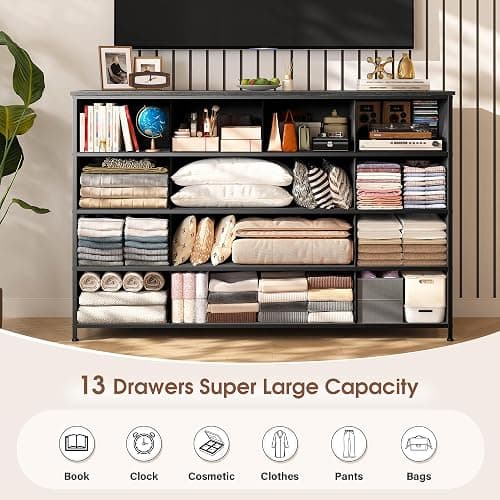 Black Dresser TV Stand with 13 Fabric Dresser 45 Inch TV Stand for Bedroom Chests of Drawers for Bedroom, Entryway, Wood Top and Sturdy Frame thumbnail 5