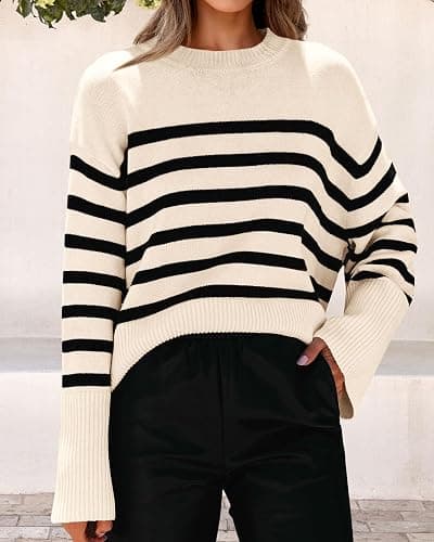 KIRUNDO Women's Striped Knit Oversized Fall Sweaters 2025 Trendy Clothes Crewneck Winter Pullover Sweater Side Split thumbnail 4