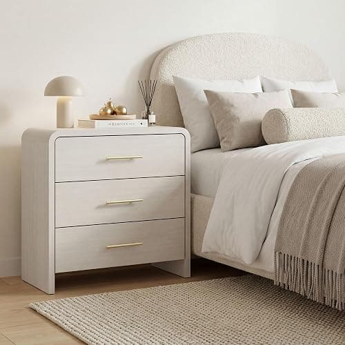 Fatmok Night Stand Set of 2, 31.5'' Wide Wooden Bedside Table with 3-Drawer, Modern Curved Profile Design End Table with Long Metal Handle for Bedroom, White Wood Grain thumbnail 5