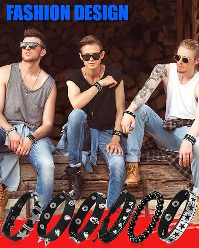 Hicarer 9 Pieces Spiked Studded Bracelet Black Leather Rivet Punk Bracelet Cuff Wrap Bangle Snap Button Metal Wristband for Men Women thumbnail 7