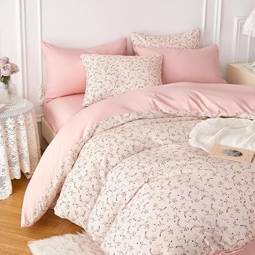 Wake In Cloud - Floral Comforter Set, Coquette Cottagecore Aesthetic Cute Flower Pattern for Women Teen Girls, Soft Lightweight Dorm Bedding, 3 Pieces, Dusty Pink, Queen Size thumbnail 4