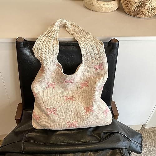 JeVenis Pink Crochet Tote Coquette Bow Aesthetic Hobo Bag for Women Beach Mesh Knitted Shoulder Bag Boho Shoulder Handbag thumbnail 2
