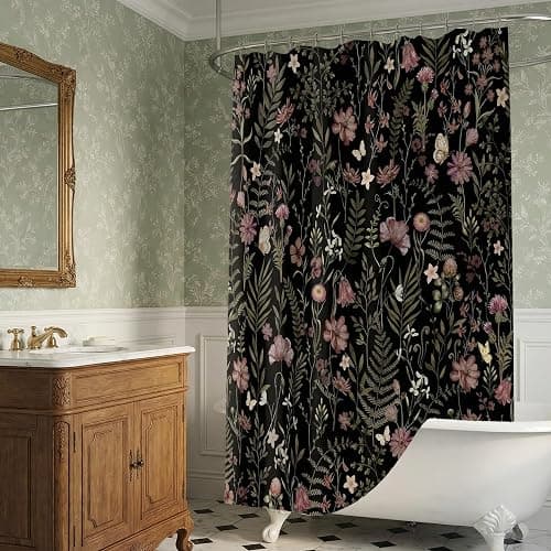 Lindameler Moody Black Botanical Shower Curtain Vintage Floral Bathroom Curtain Dark Wildflower Modern Bathroom Decor (Black, 72 X 72 INCH) thumbnail 8