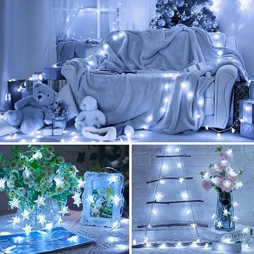 Minetom Star String Lights Battery Operated - 17 ft 50 LED Star Fairy String Lights with Timer, Waterproof for Indoor Bedroom Tent Loft Bed Patio Party Wedding Decor, White thumbnail 5