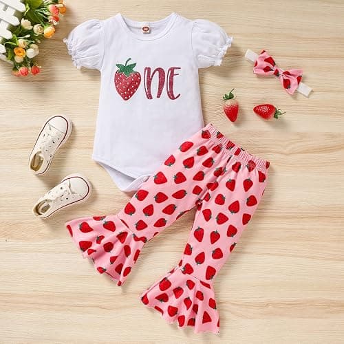 GRNSHTS Baby Girl Birthday Clothes First One Letter Short Sleeve Romper+Flared Pants+Headband 3Pcs Cake Smash Outfits thumbnail 7