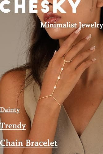 CHESKY 14K Gold Plated Hand Chain Bracelets for Women Stack Jewelry | Dainty Finger Ring Bracelet, Adjustable Hand Chains, Waterproof Beaded Gold Bracelets, Daily Body Jewelry Gift for Women thumbnail 4